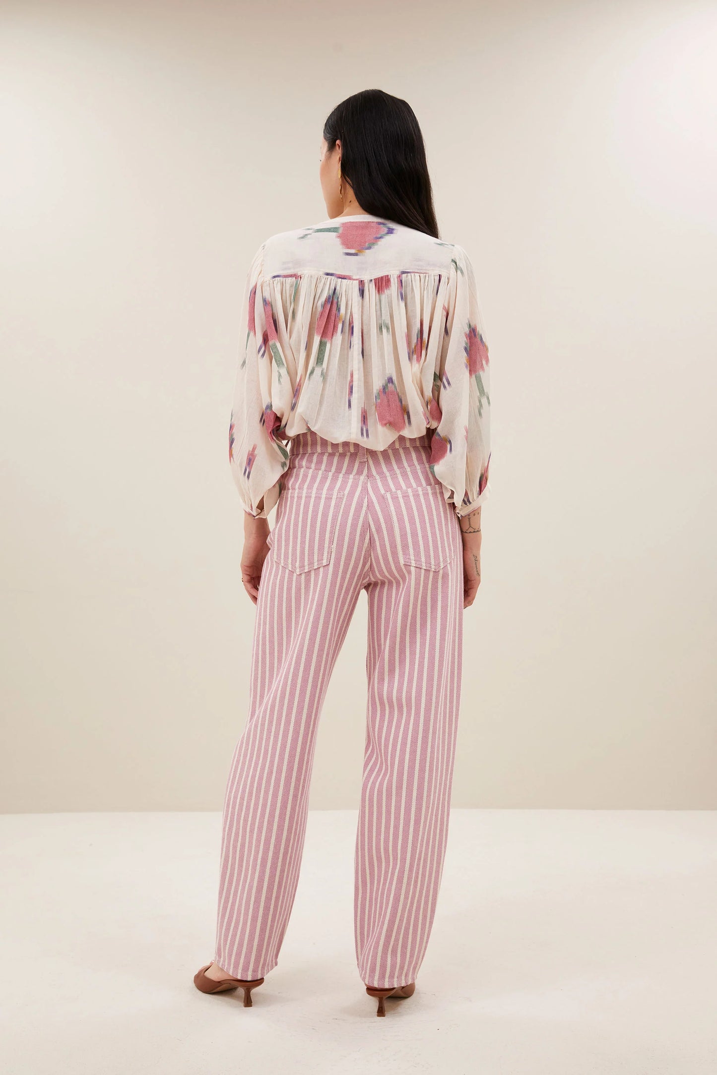 Pantalon Lew rayé écru et rose