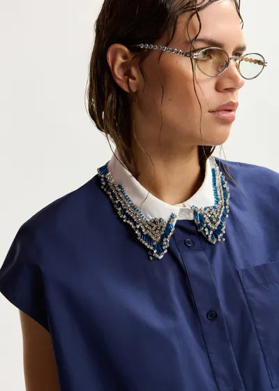 Chemise Janky sans manches à col décoratif bleu marine