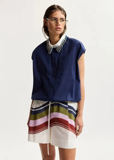Chemise Janky sans manches à col décoratif bleu marine