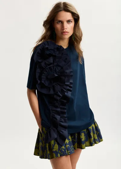 T-shirt en coton bleu marine avec fleur Jidole