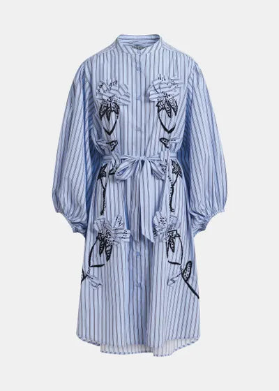 Robe chemise à broderies de fleurs et perles bleu clair et noire Jemine