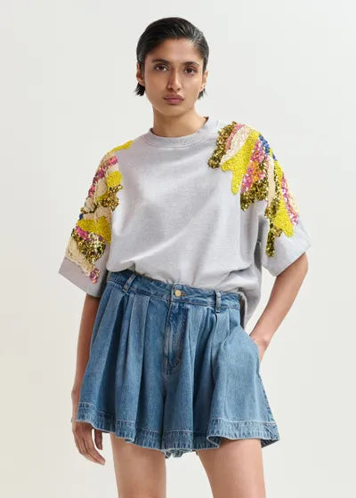 Sweatshirt gris à paillettes multicolores Jadda