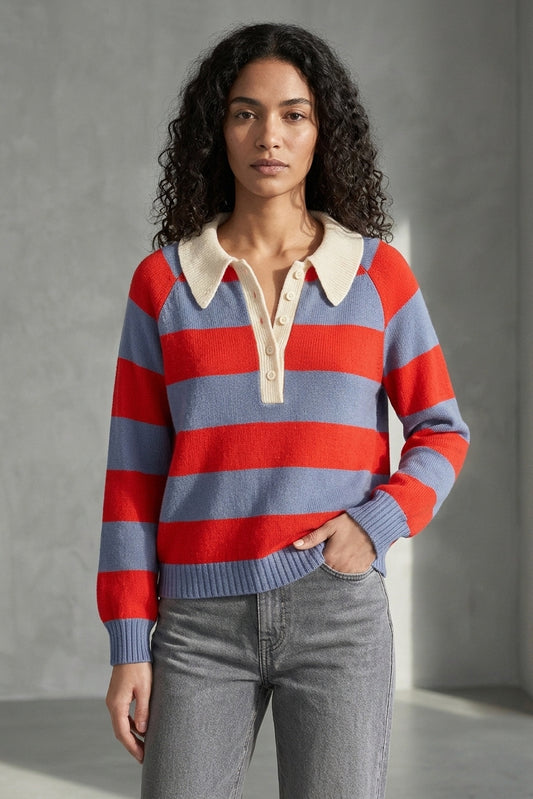 Polo Frank rayé bleu gris / rouge orangé