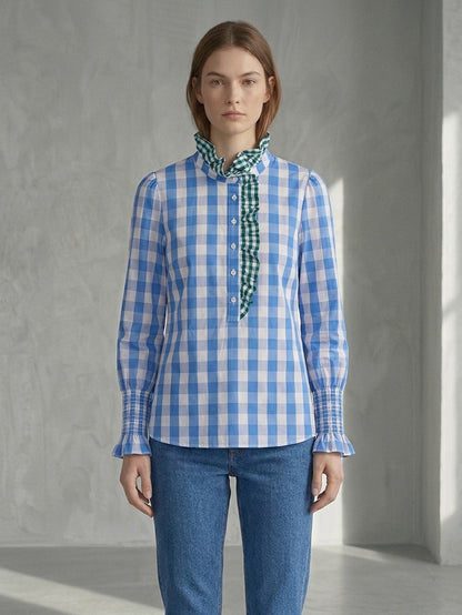 Chemise vichy bleu à volants