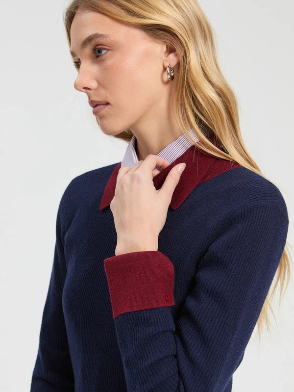 Pull côtelé marine et bordeaux