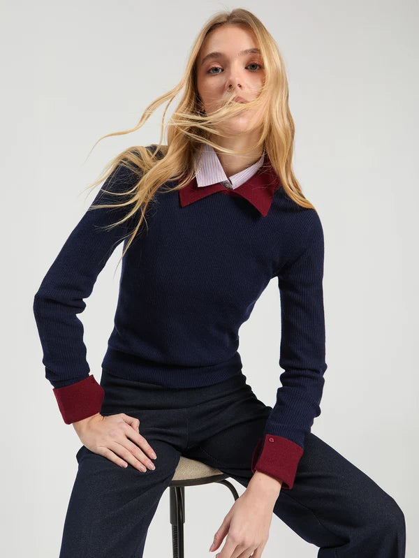 Pull côtelé marine et bordeaux