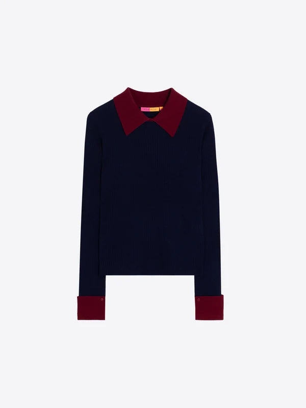 Pull côtelé marine et bordeaux