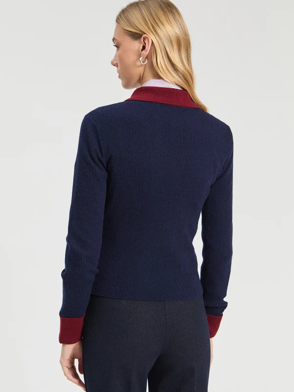 Pull côtelé marine et bordeaux