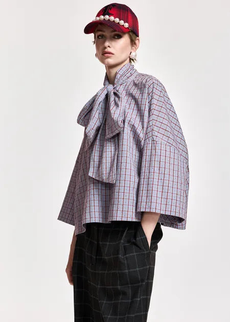 Blouse Kefir rouge et bleu avec noeud