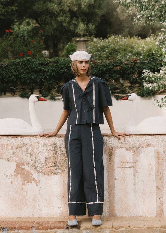 Pantalon marine brodé n°633